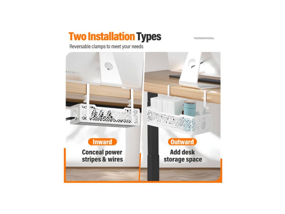 Cinati Under Desk Cable Management Tray No Drill, Upgraded Clamp Cable Management Box, Computer Cord Organizer for Desk, Desk Wire Management