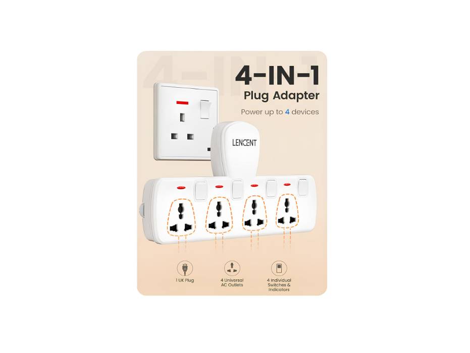 LENCENT Multi Plug Extension Socket, 4 Way Electrical Outlet Extender