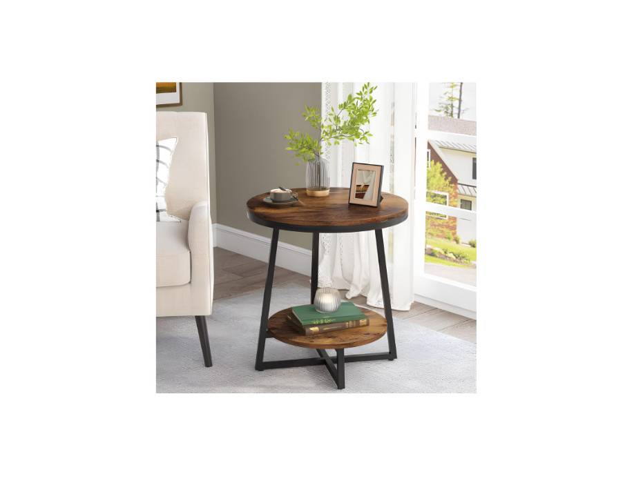 Tribesigns End Table, 2 Tier Round Side Table with Storage Shelf, Industrial Nightstand Bedside Table Coffee Accent Table for Living Room Bedroom Small Space, Rustic Brown