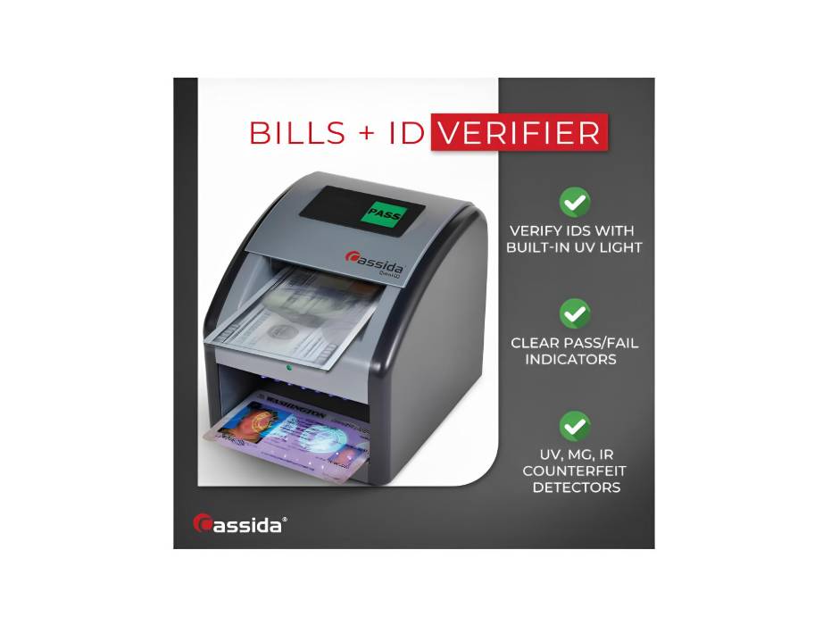 Cassida Omni-ID 2-in-1 Currency Counterfeit Detector with Infrared, Magnetic and Ultraviolet Sensors - PASS/FAIL Display