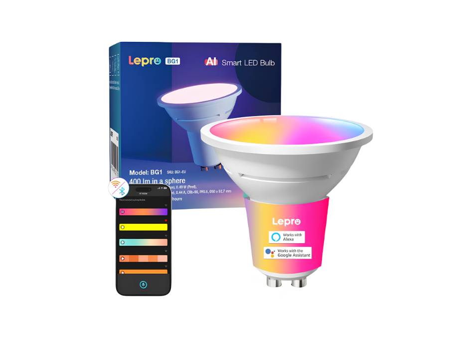Lepro BG1 AI Smart Bulbs GU10, 400lm 4.5W Spotlight Bulb Dimmable, RGB 2700K-5700K, 50W Halogen Equivalent, Works with Alexa/Google Assistant, Voice Control, Personalized AI Lighting Designer