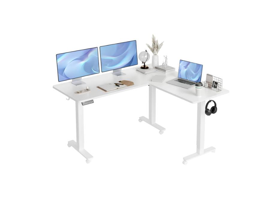 Claiks L Shaped Standing Desk Adjustable Height, Dual Motor Electric Corner Standing Desk, 63x55 inch Sit Stand up Desk with Splice Board, White