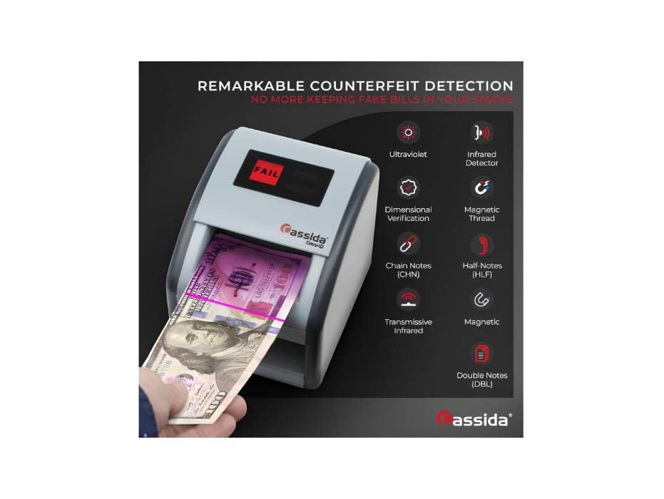 Cassida Omni-ID 2-in-1 Currency Counterfeit Detector with Infrared, Magnetic and Ultraviolet Sensors - PASS/FAIL Display