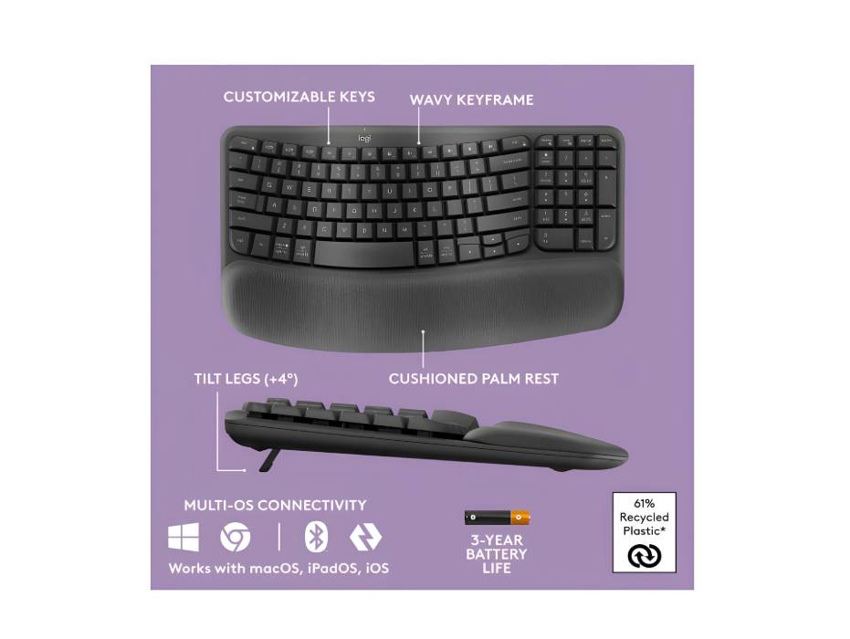 Logitech Wave Keys Wireless Ergonomic Keyboard with Cushioned Palm Rest, AR Layout - Graphite