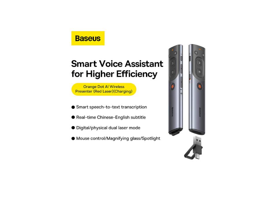 Baseus Orange Dot Red Light Multifunctional Wireless Remote Presenter, Rechargeable, for PC/Mac/Android/iOS (With AI)