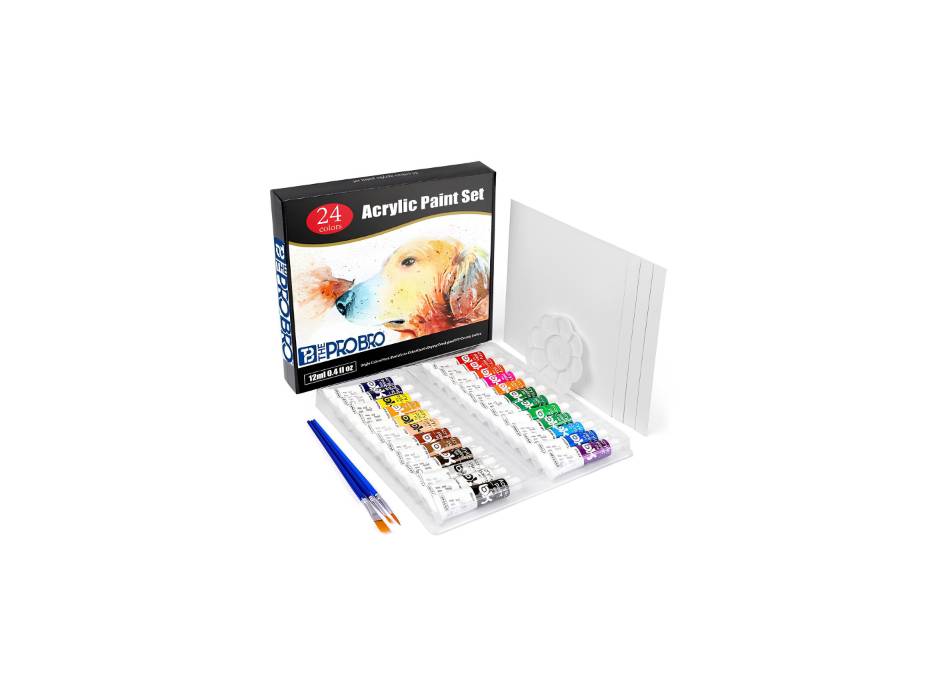 THE PRO BRO Acrylic Paint Set, 24 Vivid Colors (12ml) Art Craft Paint Supplies for Canvas Wood Ceramic Rock Painting