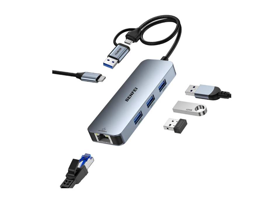 BENFEI 5 in 1 USB-C/ USB 3.0 to Gigabit Ethernet Adapter, 3-Port USB 3.0 Hub with RJ45