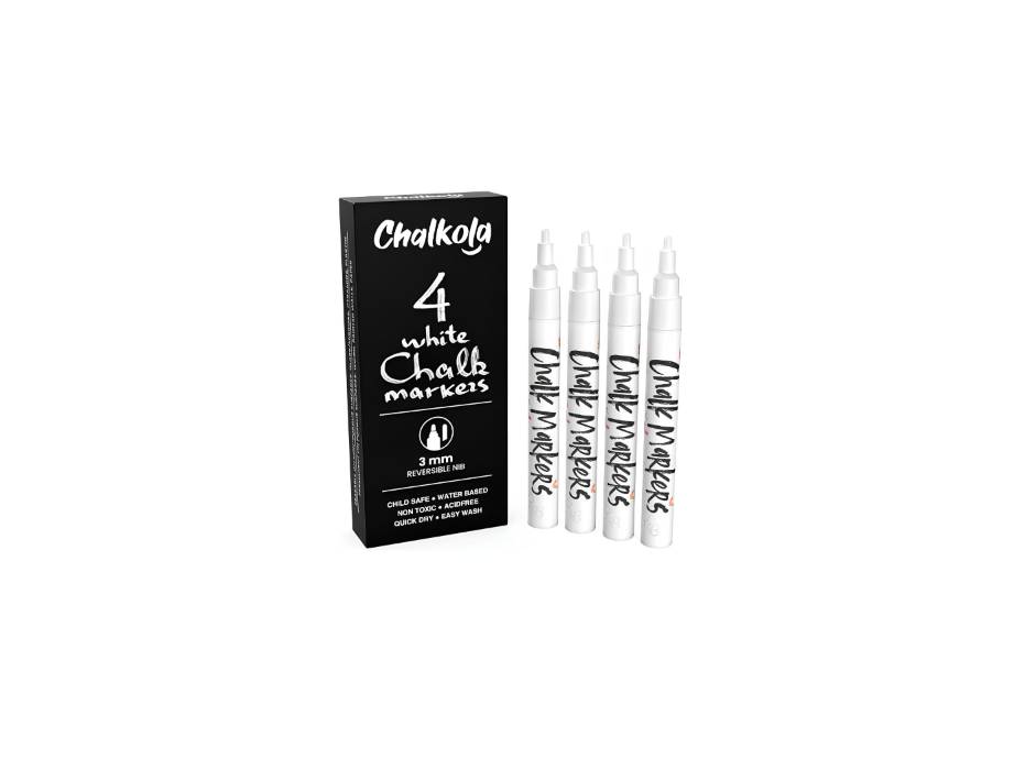 White Chalk Markers Fine Tip (4 Pack 3mm) - Wet & Dry Erase Chalk Pens