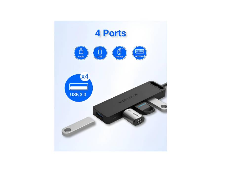 VENTION 4-Port USB 3.0 Hub Ultra-Slim Data USB Splitter (USB A, 1 Meter)