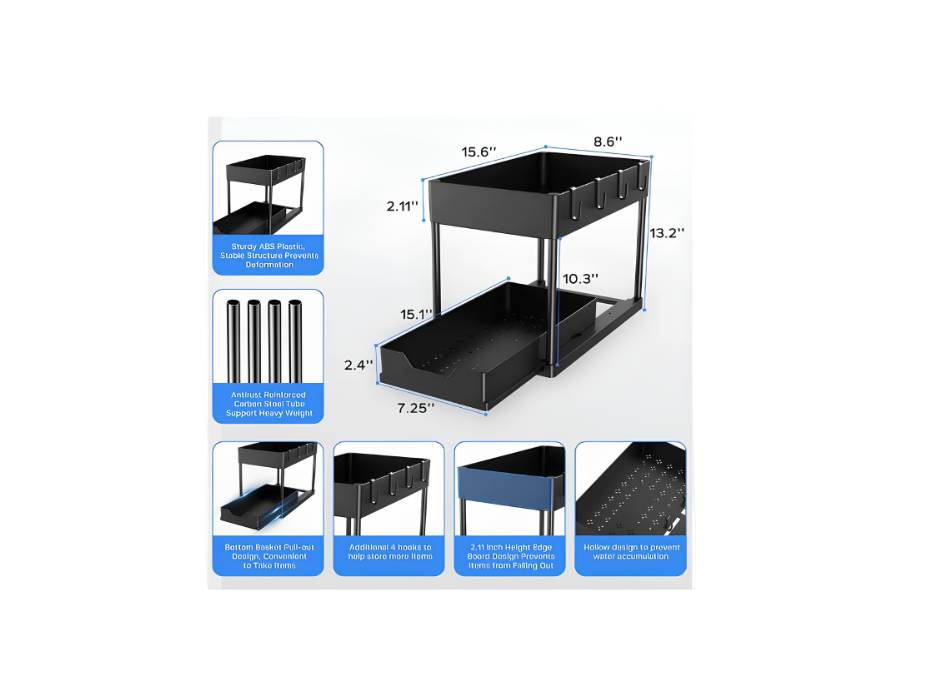Under Sink Shelf Storage Organizer with Sliding Pull Out Drawer, 15.6 * 8.6 * 13.2cm, Black