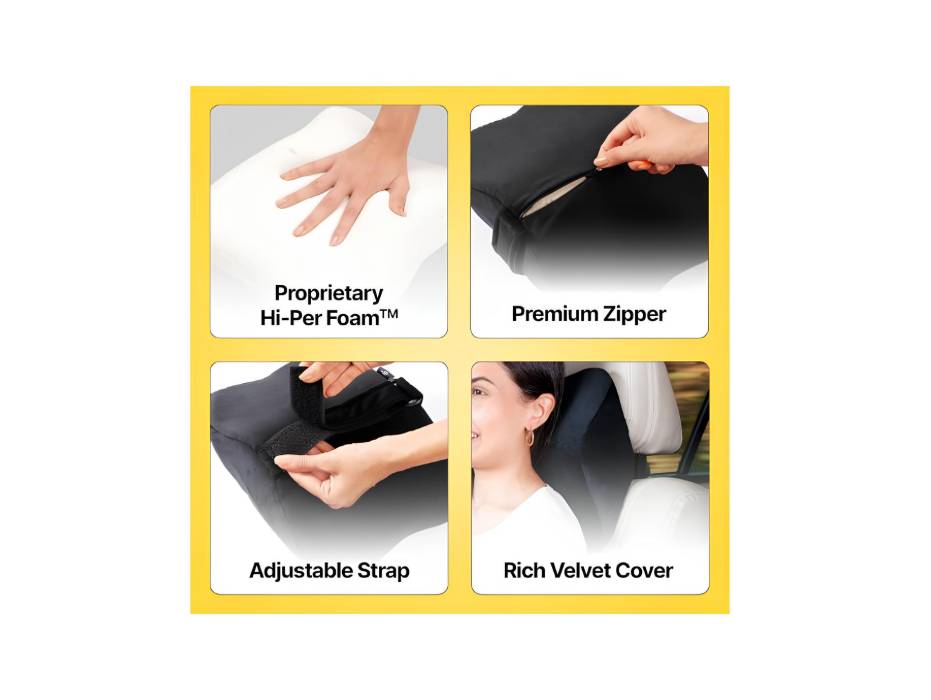 Frido Ultimate Car Neck Rest Pillow, Superior Orthopedic Neck Car Support Memory Foam Pillow, Hi-Per Foam, Relieves Neck Pain, Promotes Proper Posture, Universal Fit, Washable Velvet Cover (Black)
