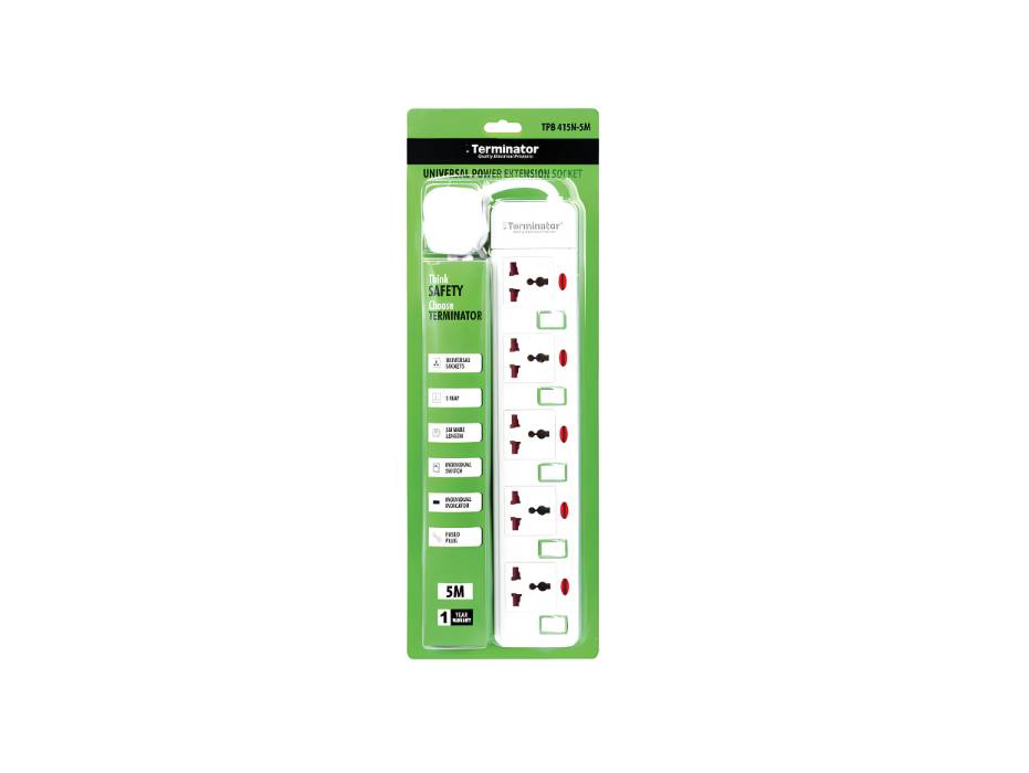Terminator 5 Way Universal Power Extension Socket With Green Border Switches & Indicators 5M 13A - TPB 415N-5M