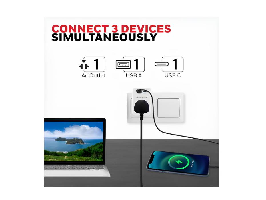 Honeywell 3 Out Surge Cube, Spike Guard, 1 Outlet, PD20W & USB A Port, 255 Joules, Charge On The Go