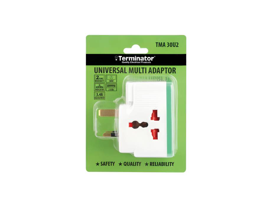 Terminator 3 Way Universal Multi Adaptor With 2 USB Sockets 3.4A & Indicator 13A Plug - TMA 30U2