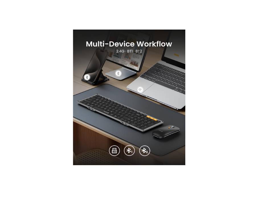 ProtoArc Foldable Keyboard and Mouse, XKM01 True Full-Size Folding Keyboard, 2.4G+Dual Bluetooth Portable Mouse Keyboard