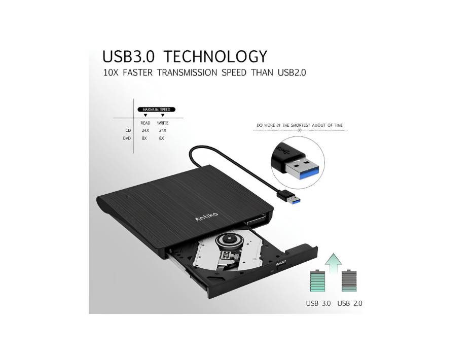 Antika USB 3.0 External DVD/CD Burner, Portable Ultra Slim Design, DVD/CD Reader, Compatible with Windows and Mac