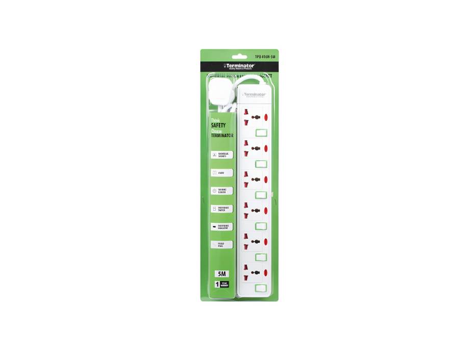 Terminator 6 Way Universal Power Extension Socket With Green Border Switches & Indicators 5M 13A - TPB 416N-5M