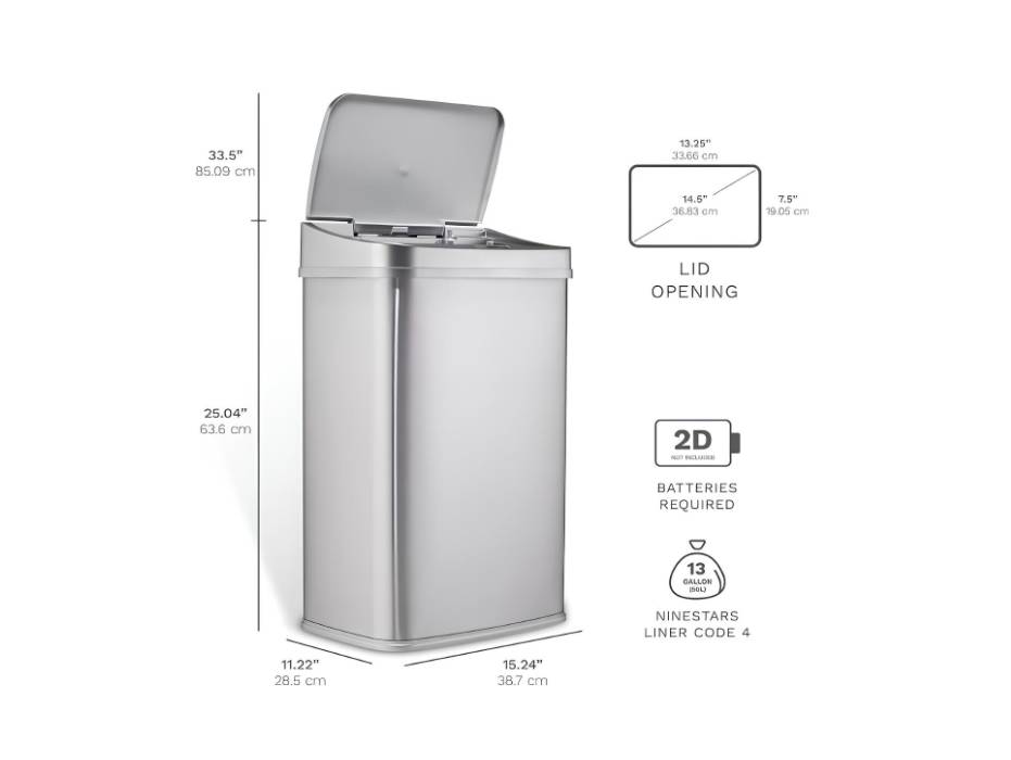 NINESTARS, DZT-50-28, 50 L Silver Lid Automatic Touchless Motion Sensor Stainless Steel Trash and Garbage Bin with Highly Durable Silver Lid Mechanism for Home, Kitchen and Office