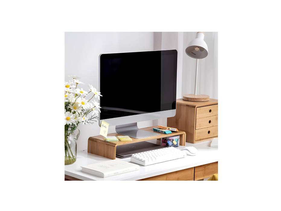 Monitor Stand Riser, Ergonomic Height Bamboo Wood Desktop Riser Organizer, No Assembly Required