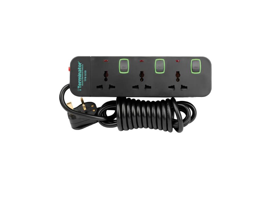 Terminator 3 Way Universal Power Extension Socket With Overload Protection, Green Border Switches, Indicators and 3M Cable - TPB 323B-3M