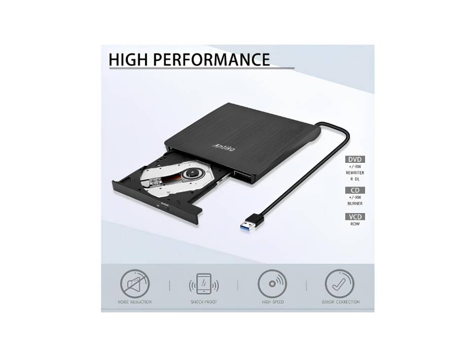 Antika USB 3.0 External DVD/CD Burner, Portable Ultra Slim Design, DVD/CD Reader, Compatible with Windows and Mac