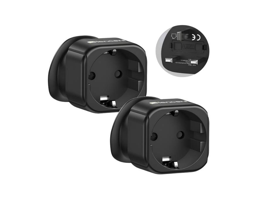 LENCENT EU to UK Plug Adapter, Europe Schuko 2 Pin to 3 Pin UK Travel Adaptor, Black Color - 2pcs/pack