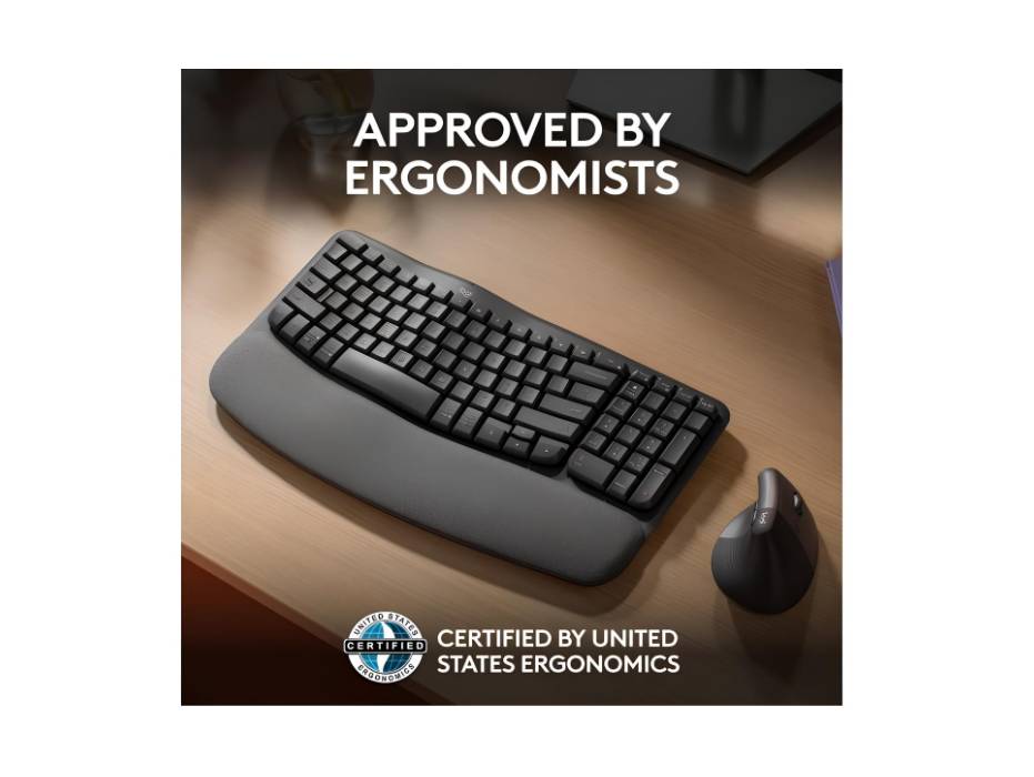 Logitech Wave Keys Wireless Ergonomic Keyboard with Cushioned Palm Rest, AR Layout - Graphite