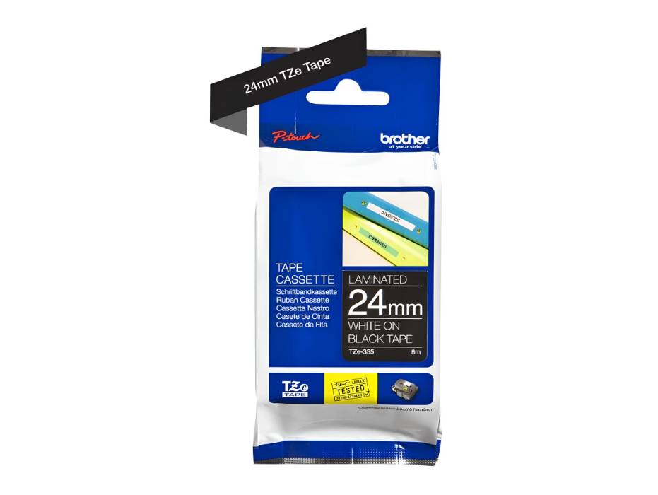 Brother P-touch 24mm TZ-355 Laminated Tape, 8m, White on Black