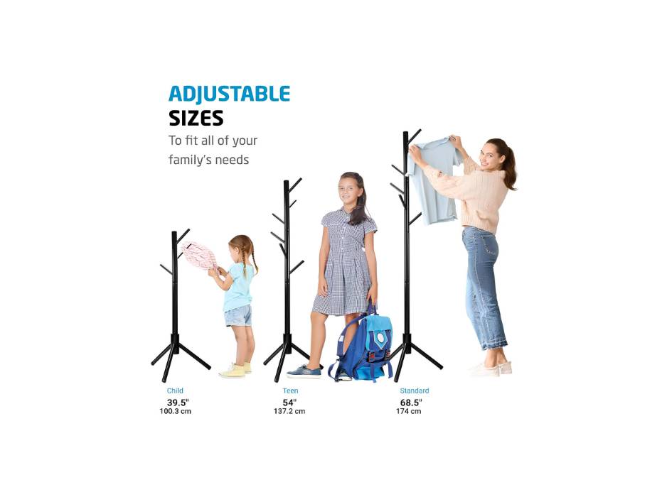 ZOBER High-Grade 3 Adjustable Sizes Free Standing Wooden Tree 6 Hooks Coat Rack Stand - Black