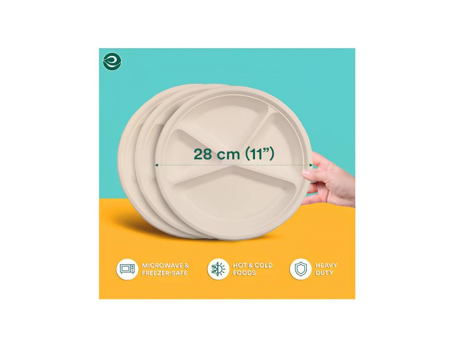 ECO SOUL | Round 4 Compartment Bagasse Plates | 11 Inch - Pack of 25 | Disposable Plates Big Size | Beige Eco-Friendly Sugarcane Plates