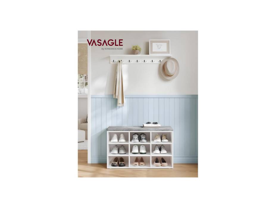 VASAGLE CUSTOS Collection - Shoe Bench, Storage Bench with Padded Seat, Entryway Bench with 9 Compartments, for Bedroom, 11.9 x 30.9 x 18.9 Inches, Cloud White and Dove Gray