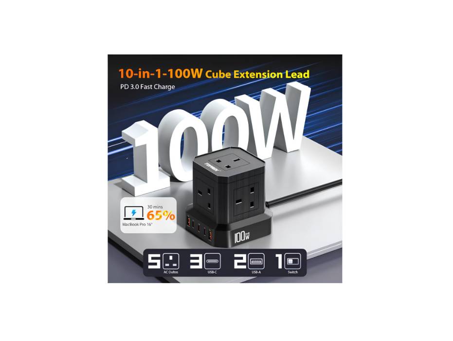 TOPREK 100W PD3.0 Fast Charge Extension Lead with Usb Slots, Simultaneous Fast-charging of 10 devices, Usb Extension Cable
