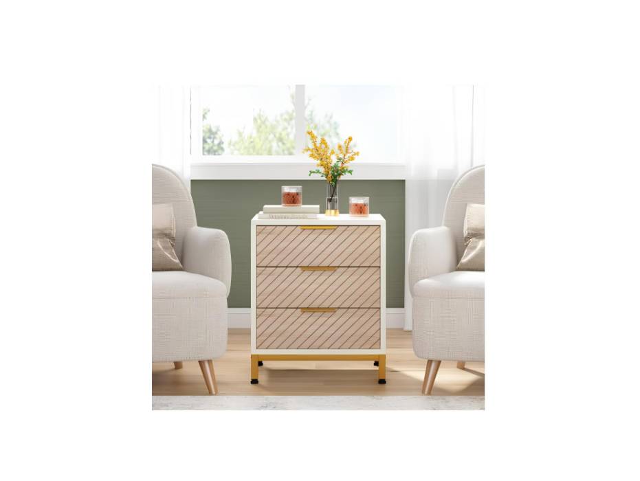 Tribesigns Bed Side Table for Bedrooms, White and Gold Light Wood Grain Nightstands with 3 Drawers Bedside End Tables Storage