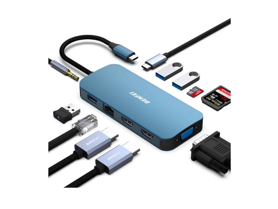 BENFEI 11-in-1 USB C Hub Triple Display Docking Station Dual HDMI, VGA, 3*USB 3.0, 1Gbps Ethernet, 100W Power Delivery, SD/TF Card Reader, 3.5mm AUX Audio