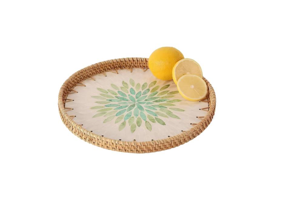 Rattan Tray with Mother of Pearl Inlay Display Wicker Basket