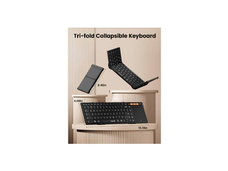 ProtoArc Foldable Keyboard with Touchpad, XK01 TP Folding Portable Keyboard, Full Size Keys, Large Trackpad Bluetooth Travel Keyboards