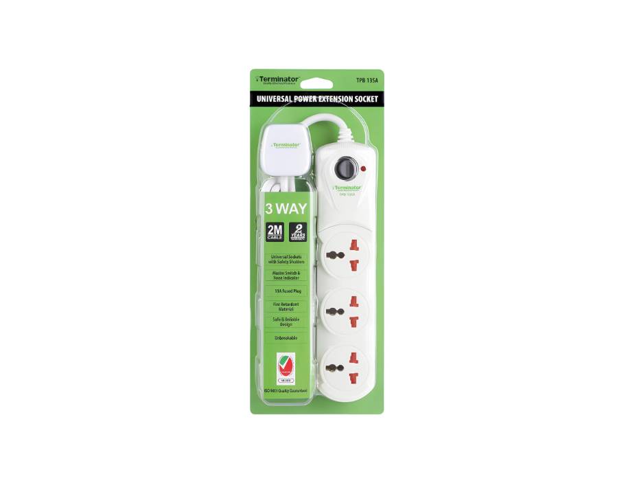 Terminator 3 Way Universal Power Extension Socket With Master Switch & Indicator 1.00mm 2 Cable 2M 13A Fused Plug - TPB 13SA-2M