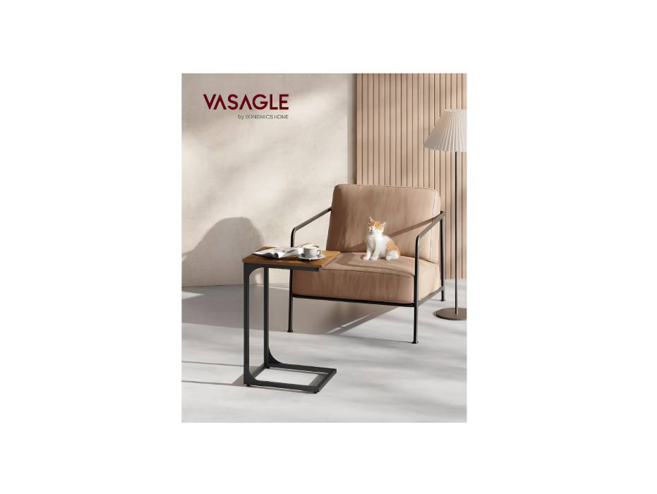 VASAGLE Slim End Table, Sofa Side Table, C-Shaped Snack Table, TV Tray Table with Metal Frame, Industrial, for Living Room, Bedroom, Rustic Brown and Black
