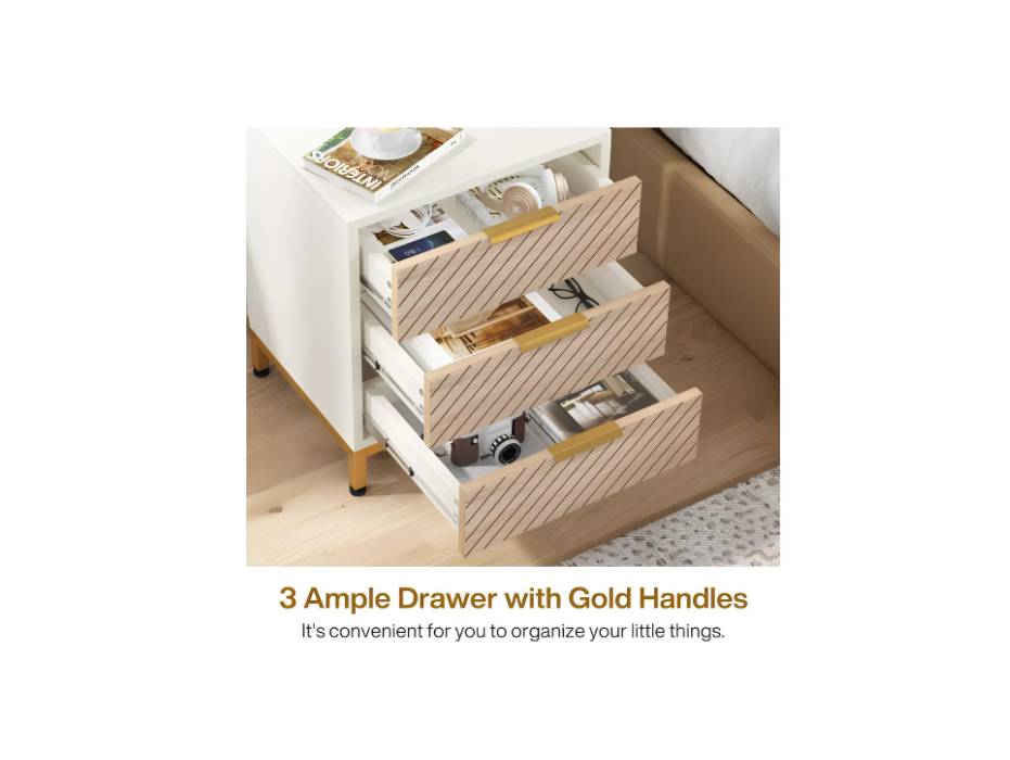 Tribesigns Bed Side Table for Bedrooms, White and Gold Light Wood Grain Nightstands with 3 Drawers Bedside End Tables Storage