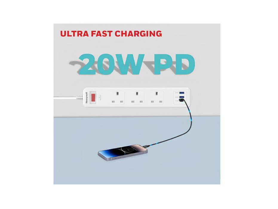 Honeywell 3 Out Surge Protector with Master Switch, Spike Guard/Extension board, 3 Outlet, PD20W & 2xUSB, 471 Joules, 1.8 Meter Cord, DSW, Automatic Overload Protection
