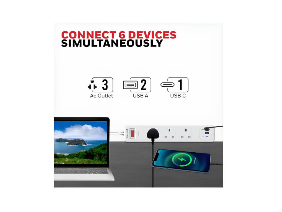 Honeywell 4 Out Surge Protector with Master Switch, Spike Guard/Extension board, 4 Outlet, PD20W & 2xUSB, 471 Joules, 1.8 Meter Cord, DSW, Automatic Overload Protection