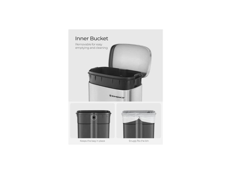 SONGMICS 30 Litres Pedal Bin, Kitchen Rubbish Bin with Soft close Lid and Inner Bin, Steel Silver LTB03NL