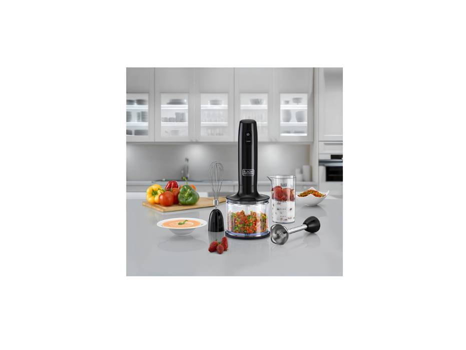 BLACK+DECKER Hand Blender, 600W, 600ml Chopping Bowl, 500ml Beaker, Stainless Steel Blades, Dual Speed, 3-in-1 Functionality, Perfect for Blending, Chopping