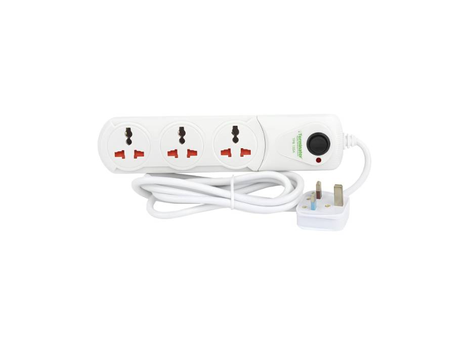Terminator 3 Way Universal Power Extension Socket With Master Switch & Indicator 1.00mm 2 Cable 2M 13A Fused Plug - TPB 13SA-2M