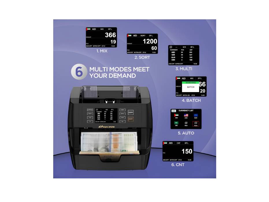 NUCOUN VC-3-AE Mixed Denomination Note Counter, Value Counting Money Counter Machine, CIS/UV/IR/MG/MT Counterfeit Detection, AED/EUR/USD/SAR Enabled, Printer Enabled, Bill Cash Counter