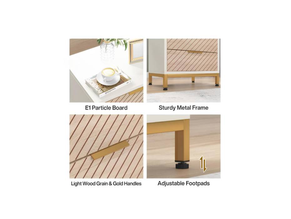 Tribesigns Bed Side Table for Bedrooms, White and Gold Light Wood Grain Nightstands with 3 Drawers Bedside End Tables Storage