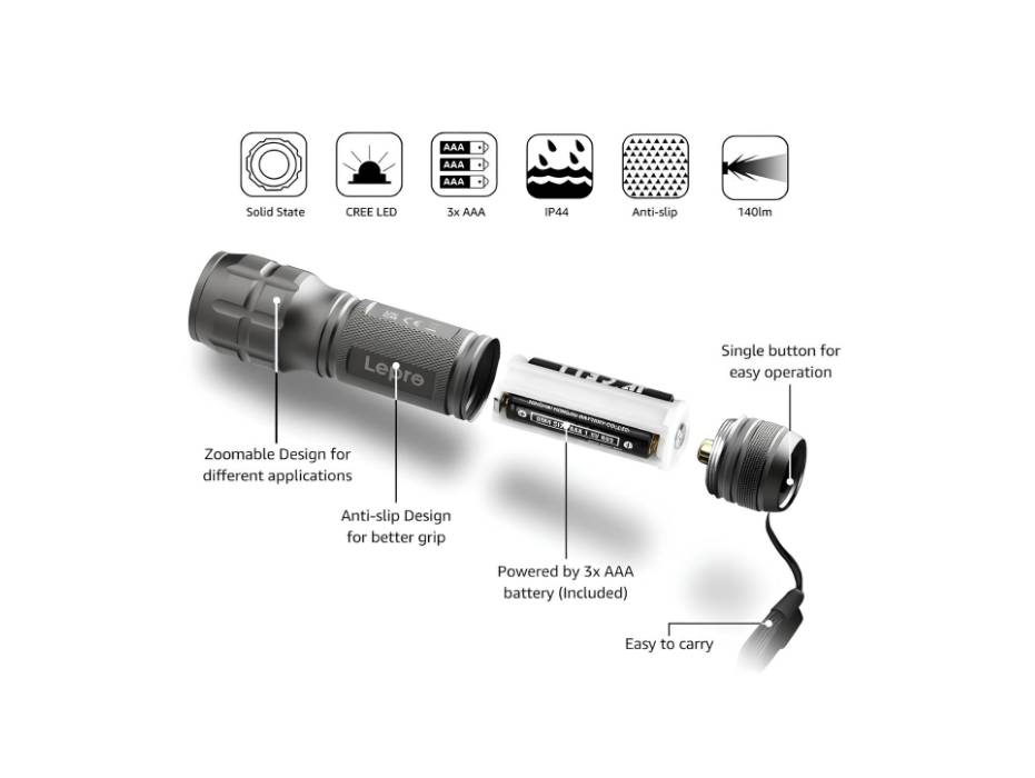 Lepro LED Torch Battery Powered - Dark Grey