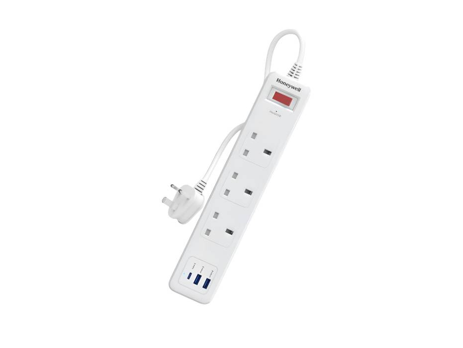 Honeywell 3 Out Surge Protector with Master Switch, Spike Guard/Extension board, 3 Outlet, PD20W & 2xUSB, 471 Joules, 1.8 Meter Cord, DSW, Automatic Overload Protection