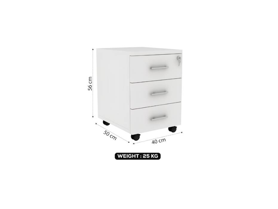 RIGID Wooden 3 Drawer Mobile Pedestal Filing Cabinet with Key Lock, Under Desk Storage Unit on Wheels, Bedside Organizer for Home & Office , White (50D x 40W x 56H CM)