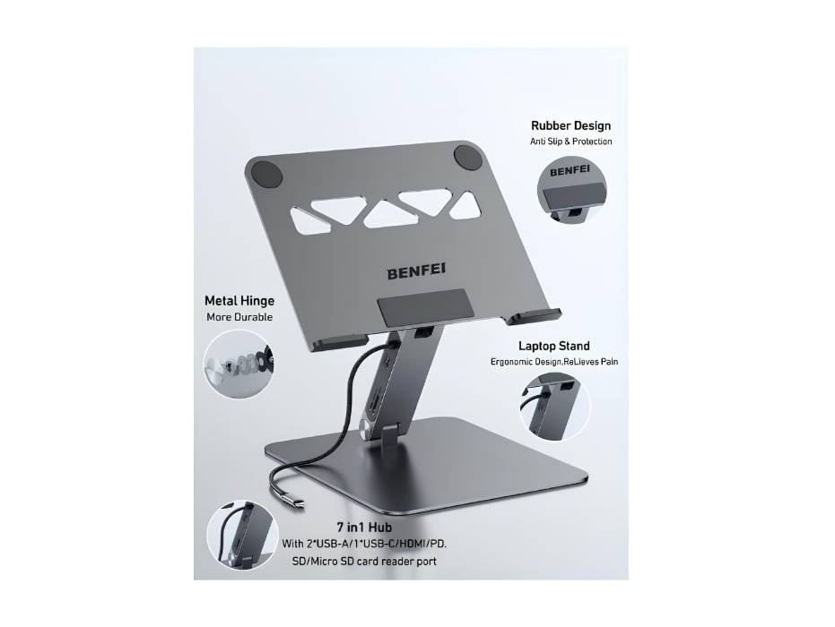 BENFEI Laptop Stand with USB C 7in1 Docking Station, HDMI 4K@60Hz, 1*SD 1*Micro SD, 100W Power Delivery, 10Gbps 1*USB C 3.2 and 2*USB A 3.2
